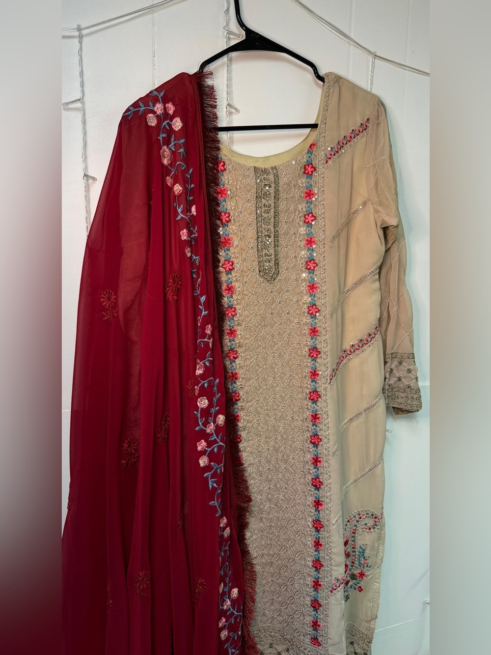 Beige Embroidered Long Coat with Red Floral Shawl